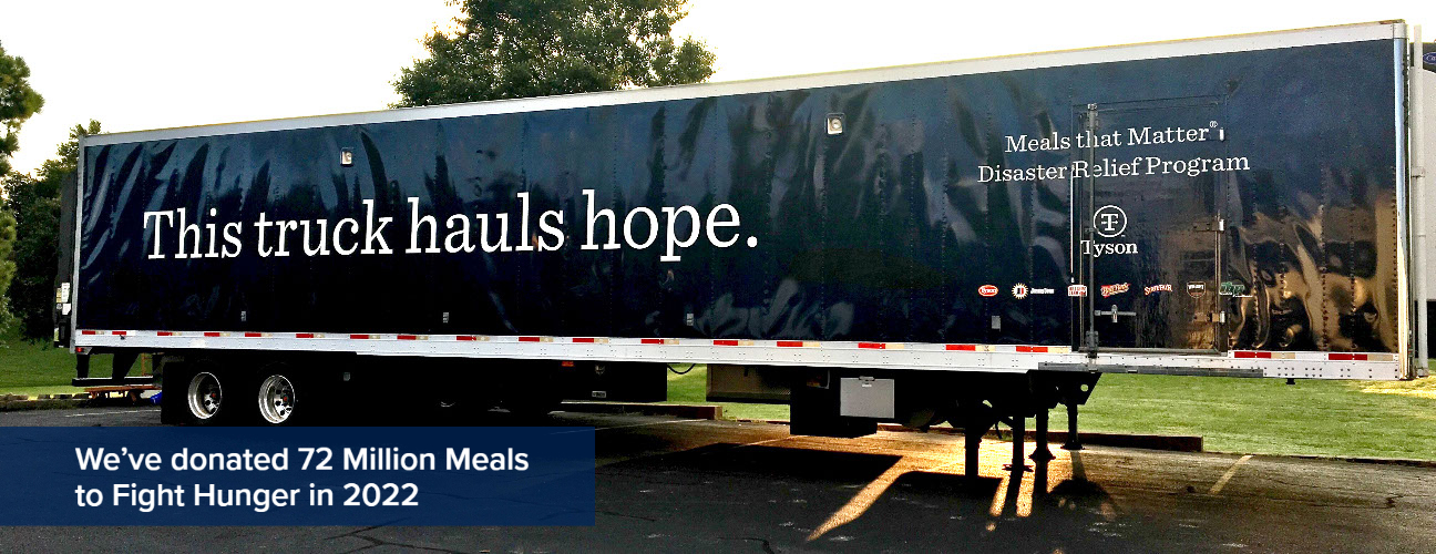 This is a photo of the Meals that Matter truck with the banner, "We've donated 72 million meals to fight hunger in 2022."