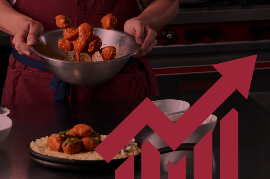 A chef cooking with a illustration of an arrow trending up