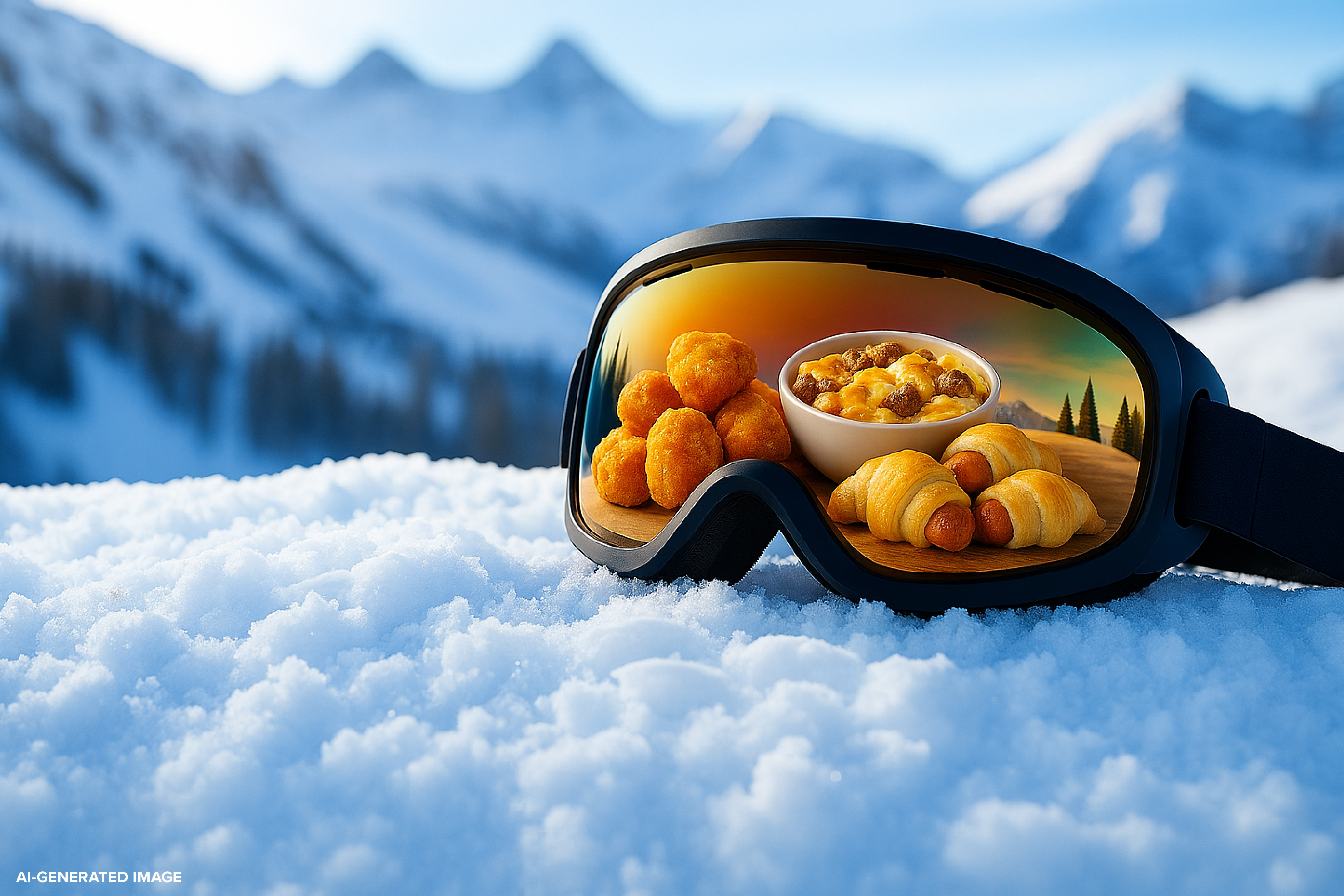 Ski mask on a snowy mountain with Tyson products in the reflection