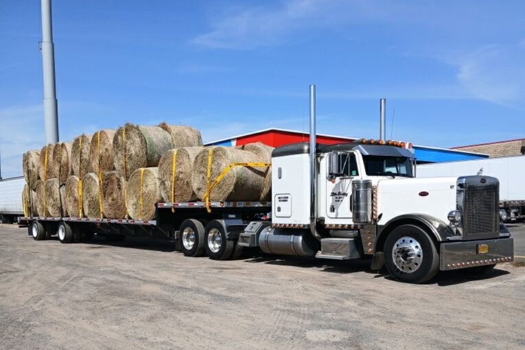 Truck delivering hay for disaster relief