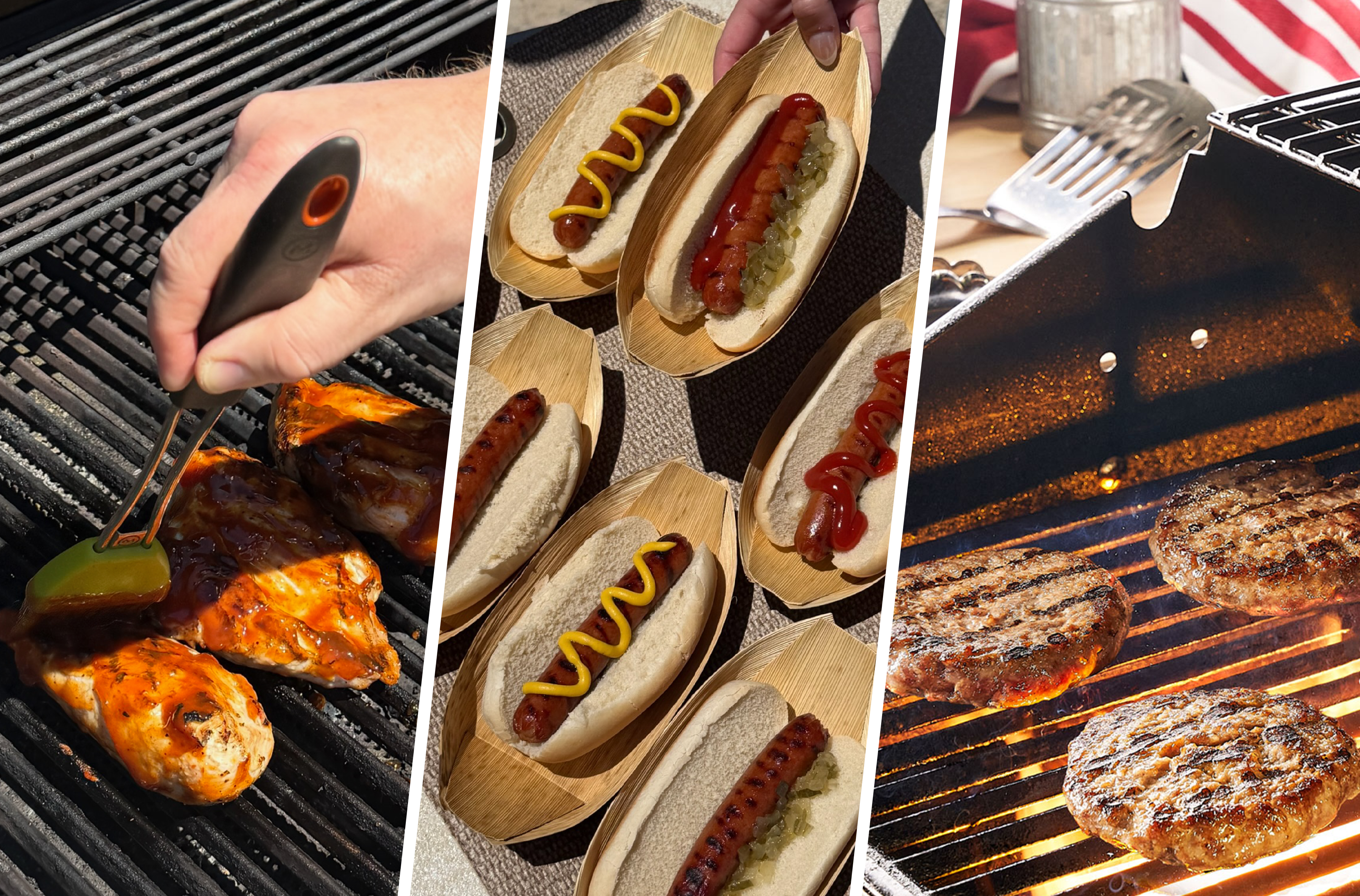 Chicken, hot dog and burger on the grill