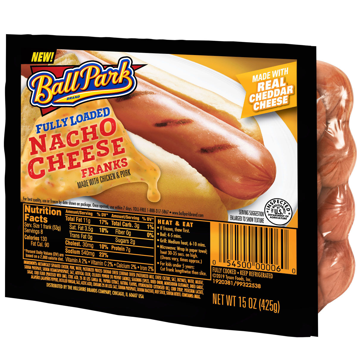 Ball Park Fully Loaded Nacho Cheese Franks provide 7g of protein per serving, with 8 servings per pack. Suggested retail price of $4.99.