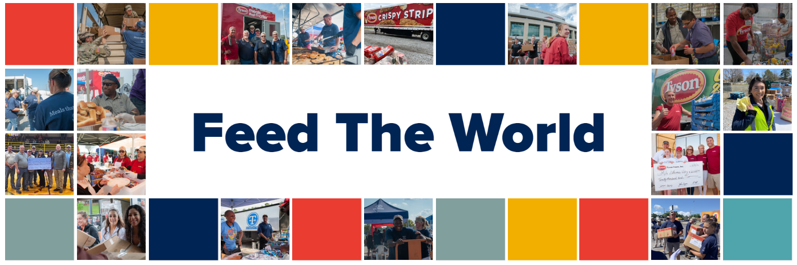 This is a graphic that says Feed the World with a collage of photos of donation events.