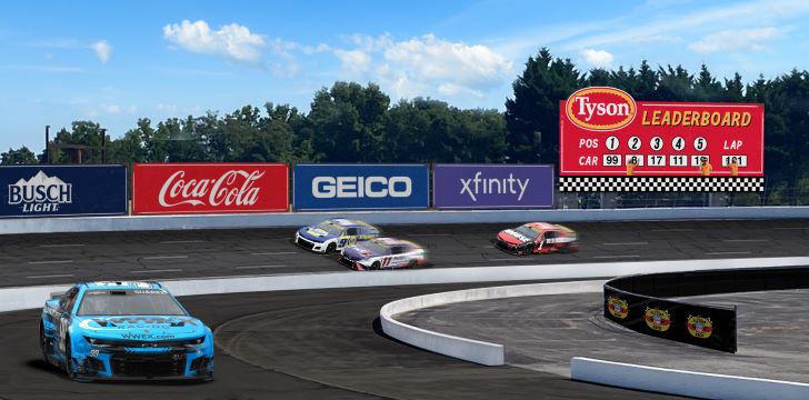 The photo is a rendering of the North Wilkesboro Speedway.