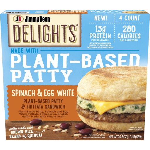 Jimmy Dean Delights® Plant-Based Patty & Frittata Sandwich features a vegetable and grain patty made of soy protein, black beans, brown rice, quinoa, and egg white topped with a spinach and egg white frittata and American cheese, all inside a whole wheat English muffin. 
