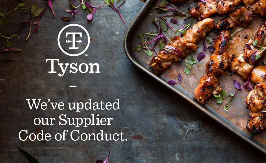 Tabletop with pan of cooked chicken and text reading: We've updated our Supplier Code of Conduct